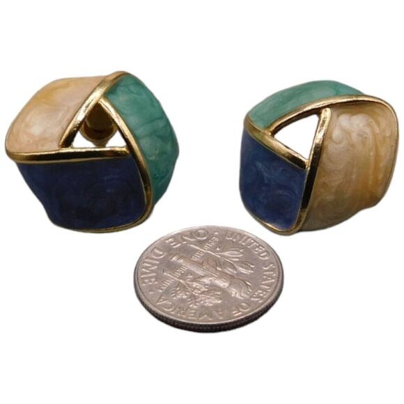 Pierced Earrings Retro Teal Green Blue Beige Enamel Geometric Gold Tone SKU 2224 - Picture 5 of 8